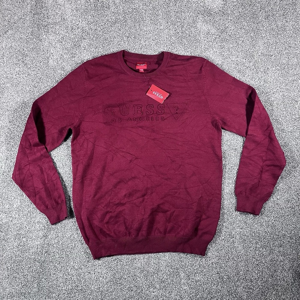 GUESS Los Angeles Mens Large Burgundy Embossed Logo Crewneck Sweater NWT Red L